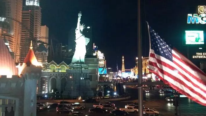 New York New York and MGM Grand at night Las Vegas